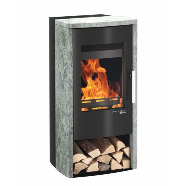 Haas+Sohn Kaminofen Premium ROSENHEIM easy perl-schwarz mit Holzfach Stein Serpentino