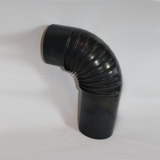 Ofenrohr-Bogen aus gebläutem Stahlblech, ohne Reinigungsöffnung (an der engen Seite ca. 15 cm verlängert)