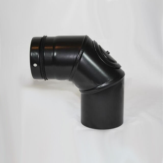 3-teiliger Pellet-Bogen 90° DN 125 mm, schwarz emailliert mit Reinigungsöffnung