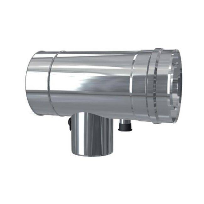 Luft Abgas System konzentrisch T-Stück 90° mit Revisionsöffnung, Kondensatableiter und Messstutzen DN 80/125 Reduzierter Abzweig DN 60/100 lackiert